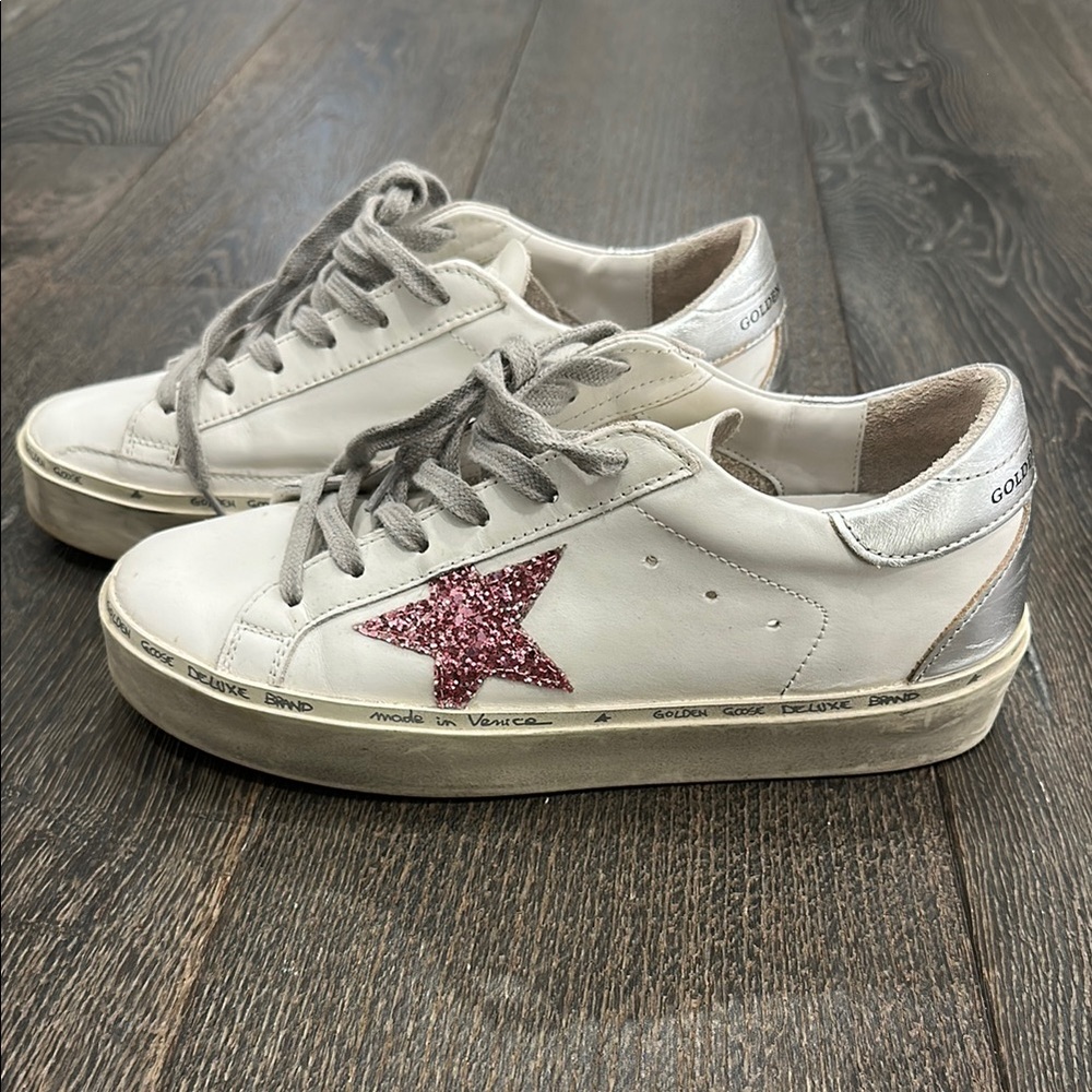 Authentic Golden Goose Hi Star White Sneakers with Glittery Pink Star - Picture 6 of 10